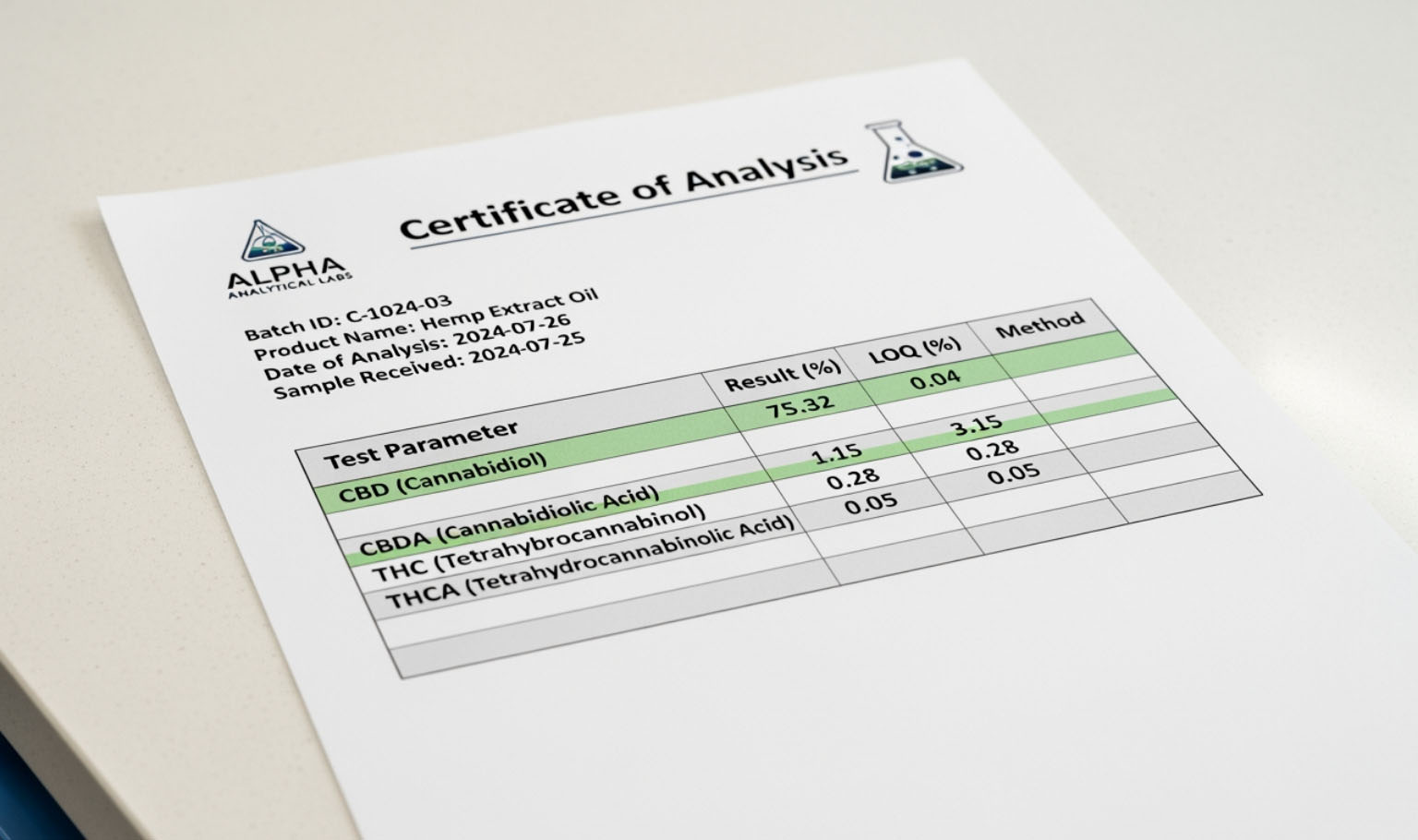 sample Certificate of Analysis (COA) for THCA flower, highlighting the Delta-9 THC and THCA percentages - hemp derived THCA flower