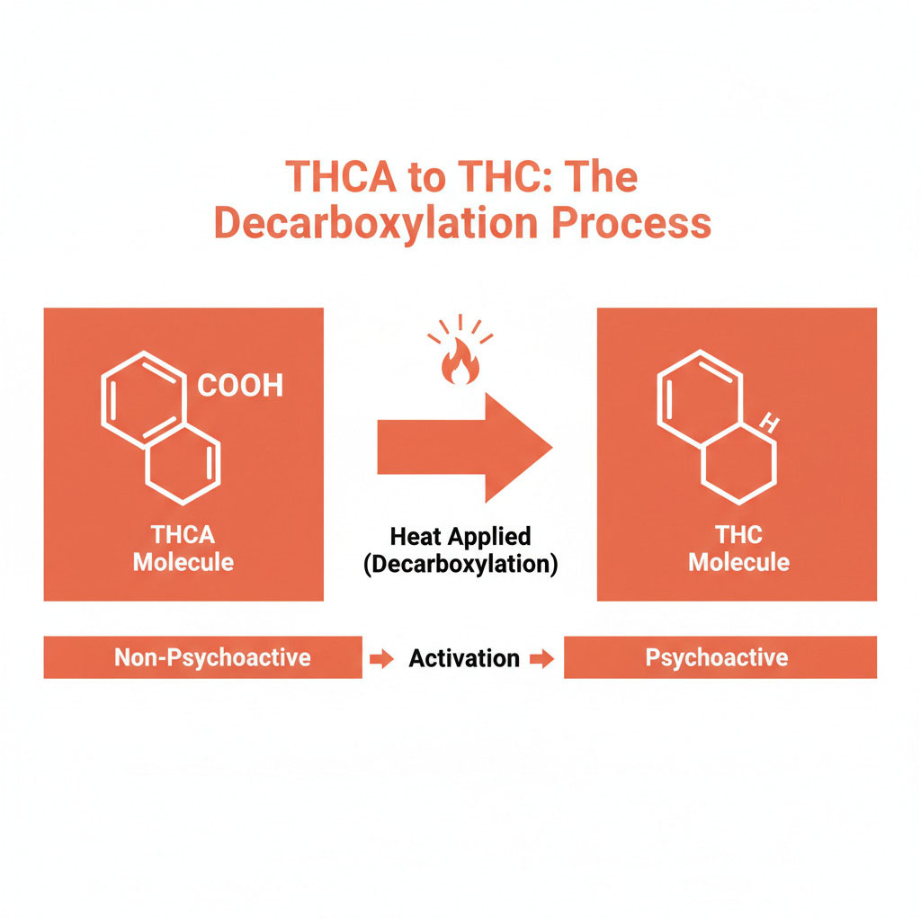 Infographic showing THCA molecule structure with carboxylic acid group, an arrow indicating heat application, and the resulting THC molecule structure after decarboxylation, with labels explaining the chemical transformation process - hemp derived THCA flower infographic 